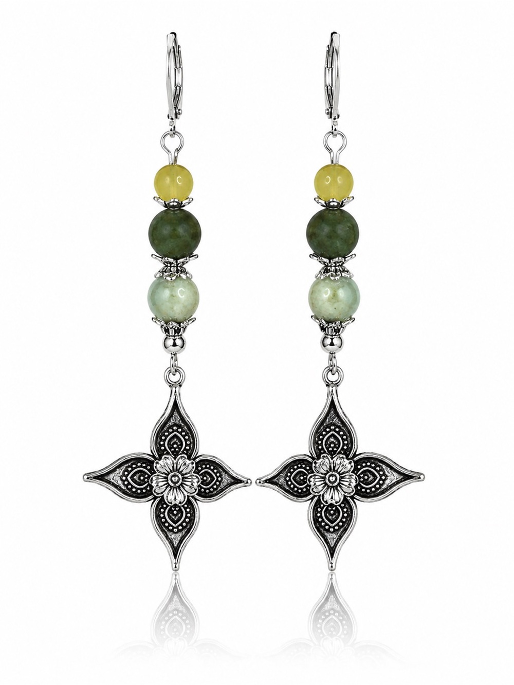 Green Glass Floral Cross Dangles, Art Nouveau, Silver Tone - Picture 5 of 9